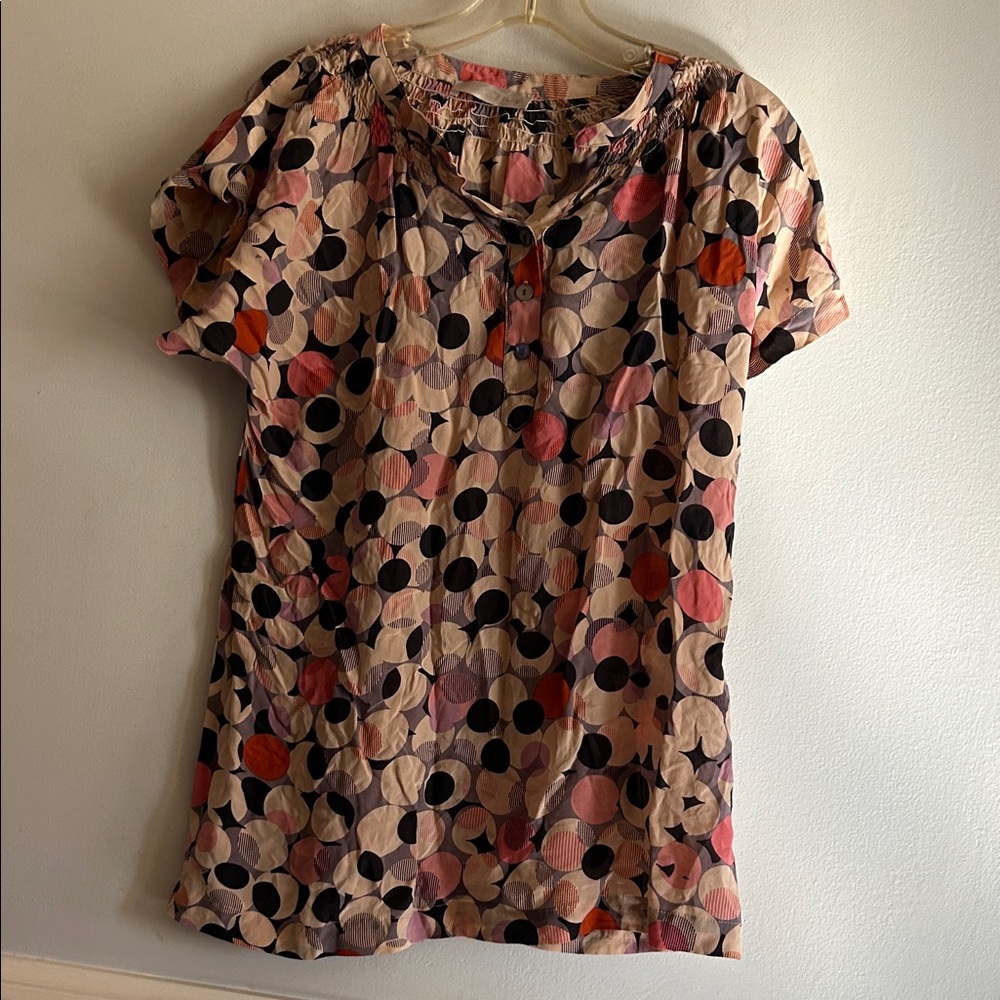Trinity Multicolor Circle-Print Short Sleeve Henley Top